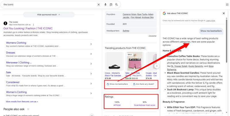 The ICONIC Google search with Business Agent panel