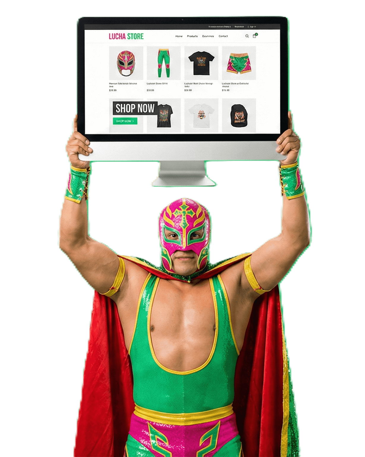 Lucha Libre wrestler holding a computer monitor